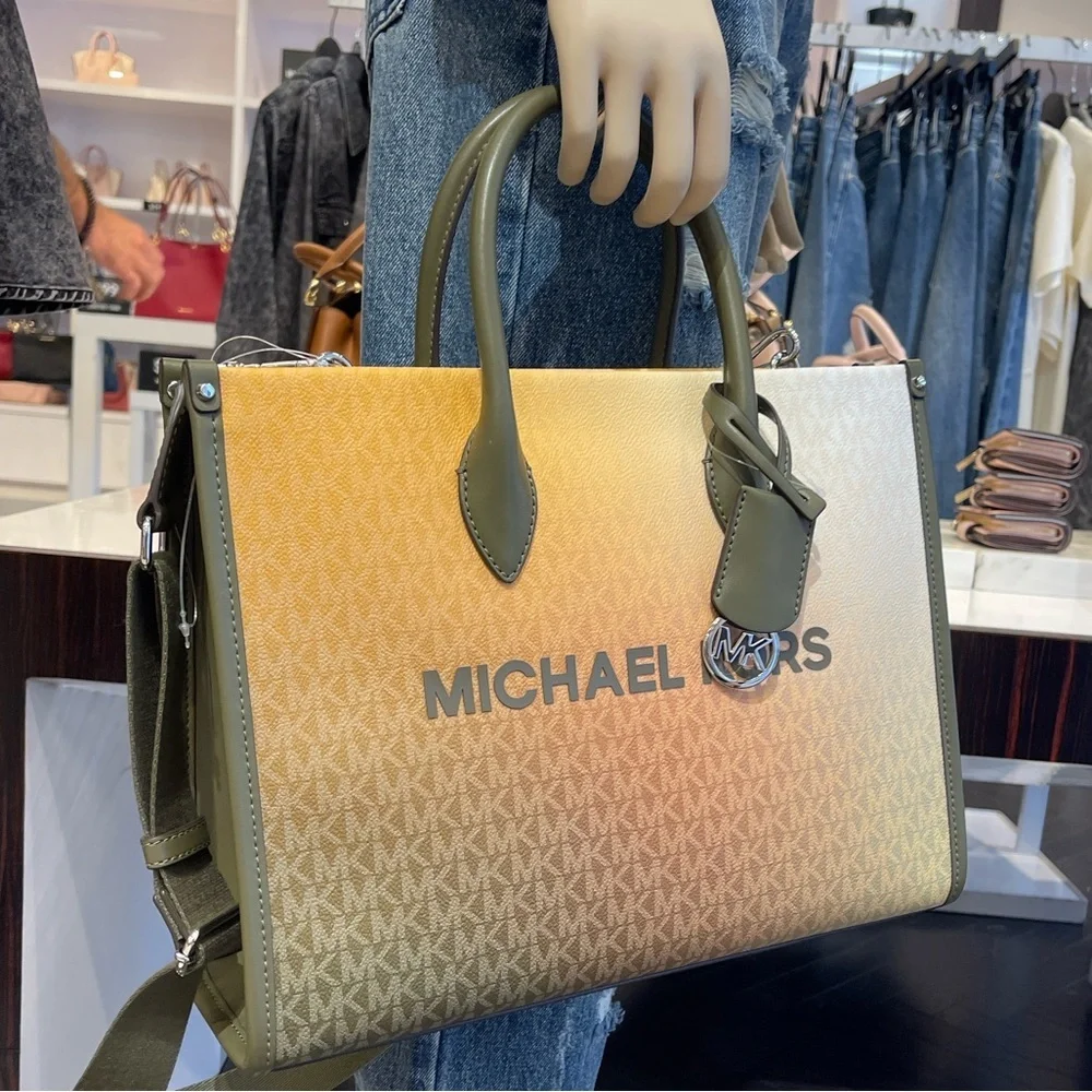 MICHAEL KORS Mirella Medium Ombré Signature Logo Tote Bag Olive Combo  NWT